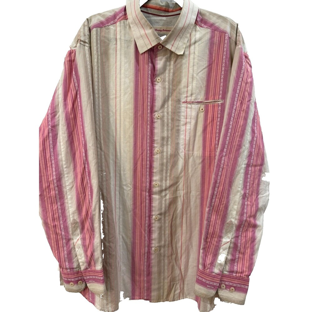 Tommy Bahama Tan‎ Pink Stripe Silk Cotton Blend Long Sleeve Shirt Size XL Tall